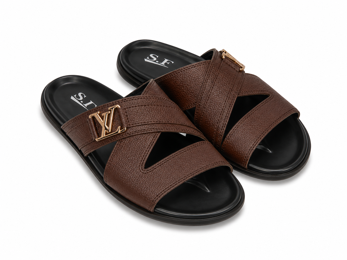 Stepiefy Men’s Brown Cross Strap Slide Sandals – Premium Casual Comfort Slippers