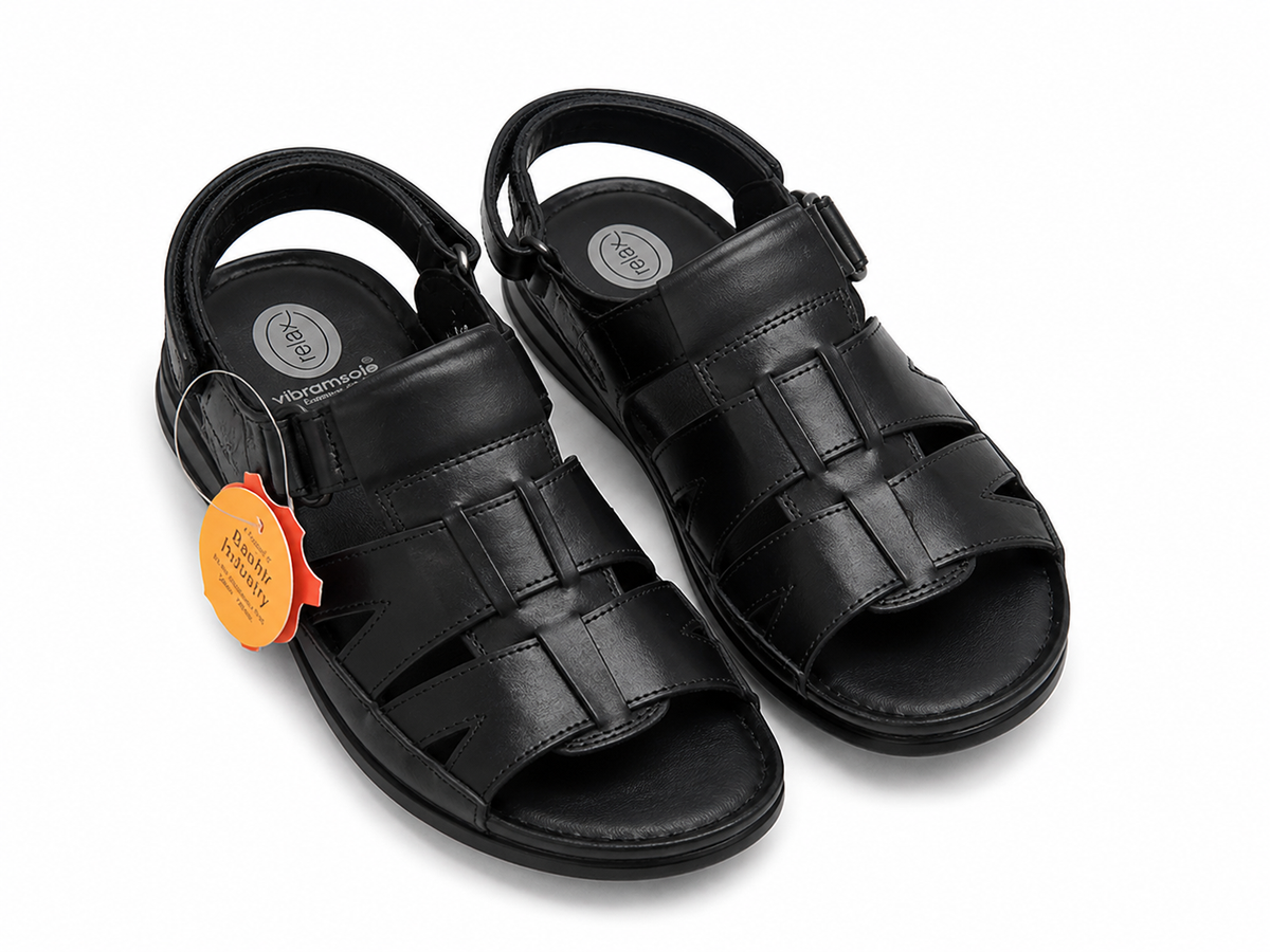 Men’s Premium Black Leather Sandals – Dual Strap Buckle Comfort Casual Wear