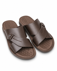 Men’s Premium Brown Cross Strap Slide Sandals – Comfortable Casual Summer Slippers